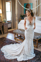 Load image into Gallery viewer, V-Neck Ruched Backless Lace Pockets Mermaid White Wedding Dress With Court Train RS303