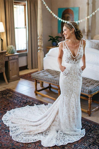 V-Neck Ruched Backless Lace Pockets Mermaid White Wedding Dress With Court Train RS303