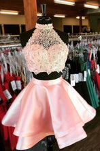 Load image into Gallery viewer, Halter 2 Piece Pink Satin Homecoming Dresses with Lace Mini Short Prom Dresses H1023