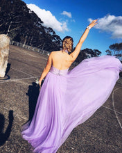 Load image into Gallery viewer, Halter A-line Lavender Tulle Prom Dress with Open Back Long Evening Dresses RS411