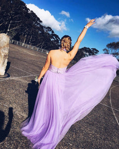 Halter A-line Lavender Tulle Prom Dress with Open Back Long Evening Dresses RS411