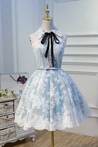 Halter Light Sky Blue Lace Appliques Homecoming Dresses with Lace up Cocktail Dresses H1125