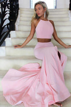 Load image into Gallery viewer, Halter Two Piece High Neck Mermaid Satin Pink Long Prom Dress with Split RS635
