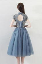 Load image into Gallery viewer, High Neck Blue Lace Appliques Knee Length Homecoming Dresses with Short Sleeve H1156