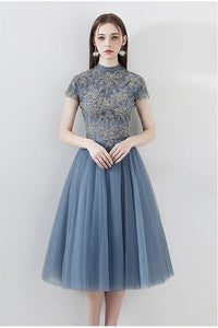 High Neck Blue Lace Appliques Knee Length Homecoming Dresses with Short Sleeve H1156