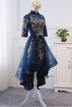 Load image into Gallery viewer, High Neck High Low Dark Navy Half Sleeve Tulle Homecoming Dresses with Appliques H1036