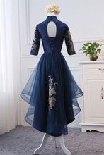 Load image into Gallery viewer, High Neck High Low Dark Navy Half Sleeve Tulle Homecoming Dresses with Appliques H1036