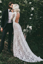 Load image into Gallery viewer, High Neck Lace Appliques Long Sleeve Mermaid Beach Wedding Dresses Bridal Dresses W1071