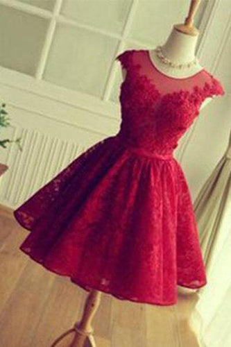 Red Lace Short Modest Appliques Sleeveless Open Back Pretty Homecoming Dresses RS246