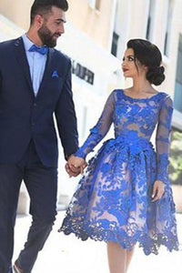 Unique Ball Gown Appliques Knee-Length Long Sleeve A-Line Tulle Royal Blue Sweet 16 Gown RS119