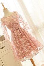 Load image into Gallery viewer, A Line Pink Lace Long Sleeve Open Back Scoop Knee Length Appliques Homecoming Dress RS732