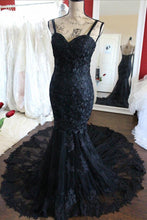 Load image into Gallery viewer, Charming Black Lace Spaghetti Strap Sweetheart Backless Mermaid Sweep Train Evening Dresses RS249