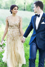 Load image into Gallery viewer, Illusion Neck Beading Long Gold Wedding Dress with Sheer Back Long Prom Dresses RS936