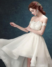 Load image into Gallery viewer, Ivory High Low Off the Shoulder Bridal Dress With Appliques Beach Wedding Dress W1004