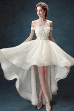 Load image into Gallery viewer, Ivory High Low Off the Shoulder Bridal Dress With Appliques Beach Wedding Dress W1004