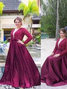A Line V Neck Long Sleeves Beading Sweep Train Satin Plus Size Prom Dresses RS196