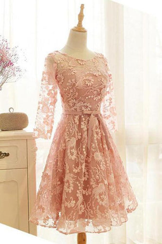 A Line Pink Lace Long Sleeve Open Back Scoop Knee Length Appliques Homecoming Dress RS732
