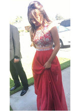 Load image into Gallery viewer, Two Piece Halter Burgundy Sleeveless Prom Dresses Sparkle Formal Dress For Teens RS937