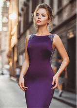 Load image into Gallery viewer, Sexy Sheath Column Regency Long Cheap Satin Mermaid Purple Beads Prom Dresses RS506