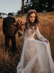 Polka Dot Long Sleeve Boho Wedding Dresses Lace Bohemian Backless Wedding Gowns W1055