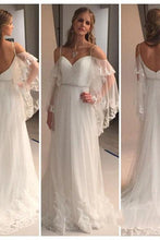 Load image into Gallery viewer, A Line Spaghetti Straps Sweetheart Lace Illusion Sleeves Backless Beach Wedding Dresses RS711