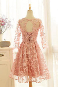 A Line Pink Lace Long Sleeve Open Back Scoop Knee Length Appliques Homecoming Dress RS732