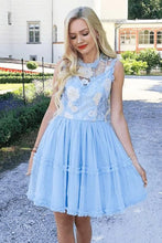 Load image into Gallery viewer, Jewel Short Blue Chiffon Homecoming Party Dress with Lace Straps Appliques Prom Dress H1287