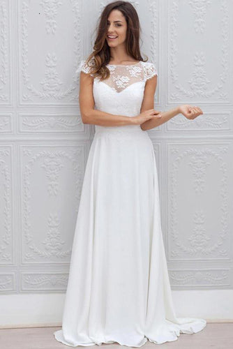 A Line Chiffon White Lace Appliques Cap Sleeve Open Back Scoop Long Wedding Dresses RS24