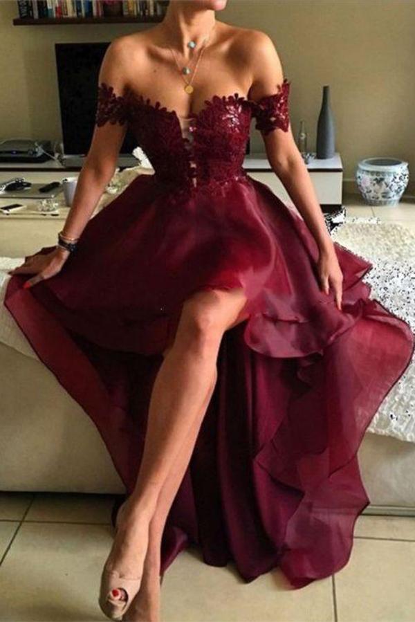 High-low Prom Dress Asymmetrical Prom Dresses Appliques Lace Backless Prom Dresses RS167