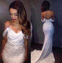 Load image into Gallery viewer, White Mermaid Off The Shoulder Long Ivory Sequins with Sparkle Formal Party Dresses For Teens RS13