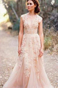 Long Tulle Vintage Romantic Unique Cap Sleeve Pink A-Line Appliques Wedding Dresses RS88