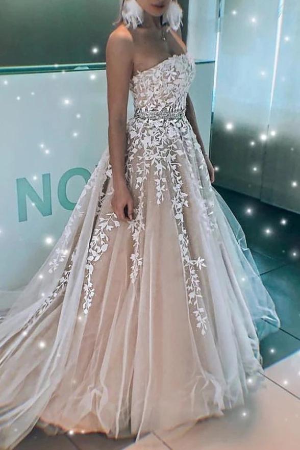 A Line Strapless Lace Appliques Beaded Formal Prom Dresses