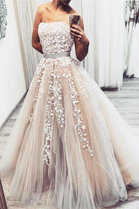 A Line Strapless Lace Appliques Beaded Formal Prom Dresses