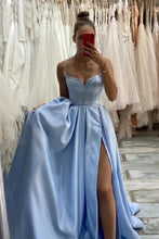 Load image into Gallery viewer, Light Blue Long Spaghetti Straps Prom Dresses Sexy Split
