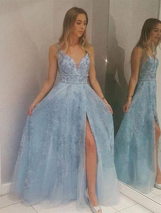 Light Blue Lace Appliques Prom Dresses with Slit Beads V Neck Evening Dresses RS607