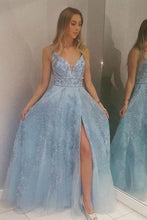 Load image into Gallery viewer, Light Blue Lace Appliques Prom Dresses with Slit Beads V Neck Evening Dresses RS607