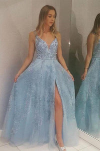 Light Blue Lace Appliques Prom Dresses with Slit Beads V Neck Evening Dresses RS607