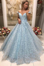 Load image into Gallery viewer, Light Blue Lace Ball Gown Off the Shoulder Prom Dresses with Appliques Sweetheart RS612