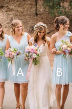 Load image into Gallery viewer, Light Blue V Neck One Shoulder Short Bridesmaid Dresses Chiffon Wedding Party Dress RS963