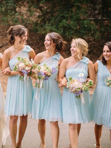 Light Blue V Neck One Shoulder Short Bridesmaid Dresses Chiffon Wedding Party Dress RS963