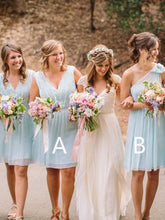 Load image into Gallery viewer, Light Blue V Neck One Shoulder Short Bridesmaid Dresses Chiffon Wedding Party Dress RS963