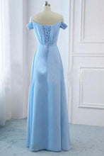 Load image into Gallery viewer, Light Sky Blue A-line Off the Shoulder Natural Waist Ruched Prom Dress Lace up Party Dress P1075