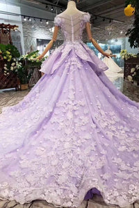 Lilac Ball Gown Short Sleeve Prom Dresses with Flowers Gorgeous Quinceanera Dress RS968