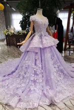 Load image into Gallery viewer, Lilac Ball Gown Short Sleeve Prom Dresses with Flowers Gorgeous Quinceanera Dress RS968