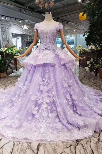 Lilac Ball Gown Short Sleeve Prom Dresses with Flowers Gorgeous Quinceanera Dress RS968