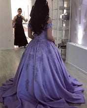 Load image into Gallery viewer, Lilac Ball Gown V Neck Off the Shoulder Lace Appliques Satin Beaded Prom Dresses RS465