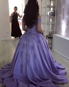 Lilac Ball Gown V Neck Off the Shoulder Lace Appliques Satin Beaded Prom Dresses RS465