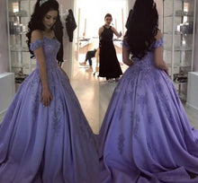 Load image into Gallery viewer, Lilac Ball Gown V Neck Off the Shoulder Lace Appliques Satin Beaded Prom Dresses RS465