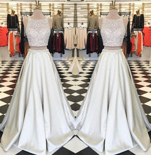 Load image into Gallery viewer, Stunning White Satin Two Pieces Sequins Rhinestone Round Neck A-line Prom Dresses RS814