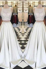 Load image into Gallery viewer, Stunning White Satin Two Pieces Sequins Rhinestone Round Neck A-line Prom Dresses RS814